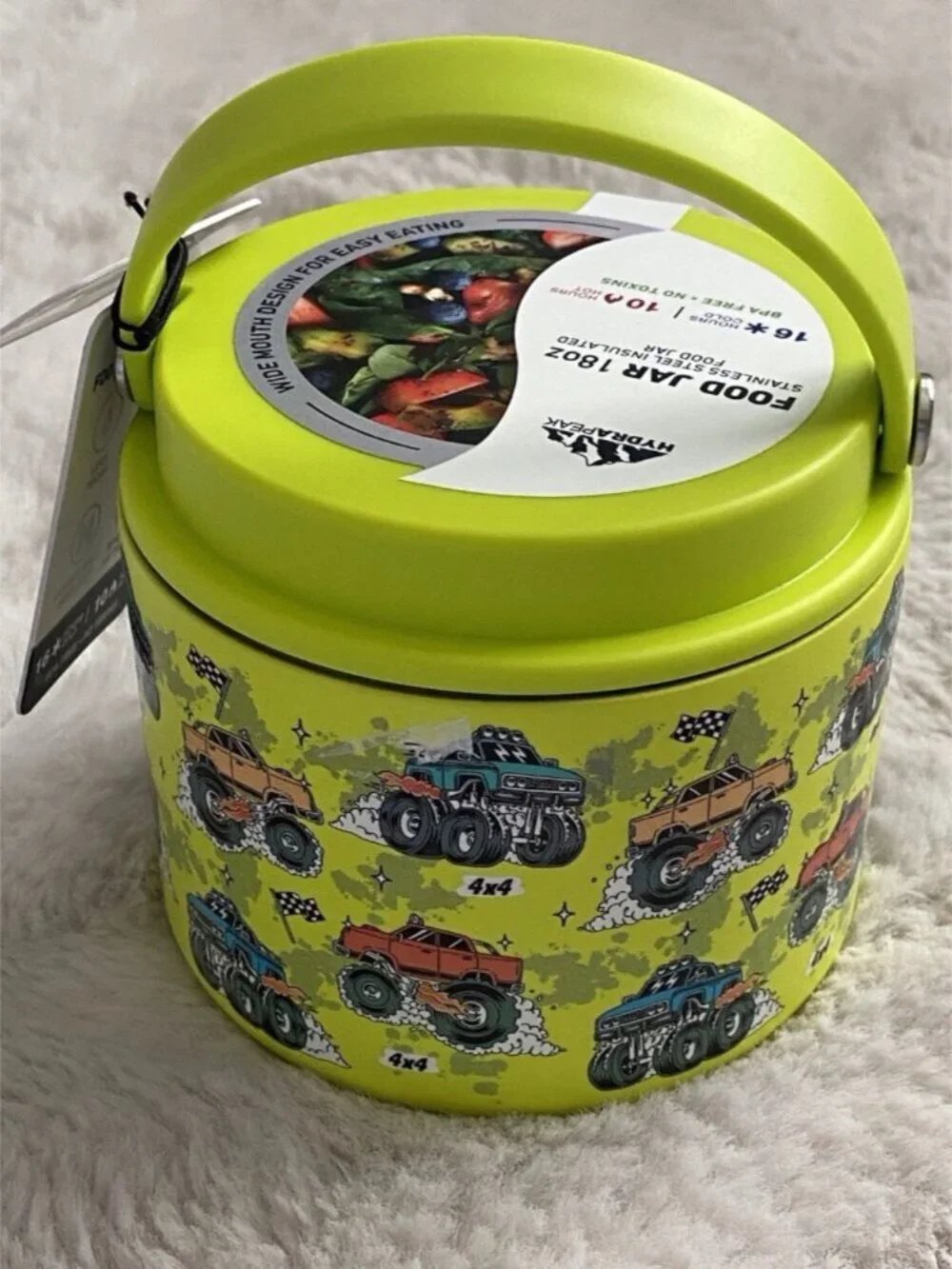 HYDRAPEAK 18 Oz Neon Green Monster Truck Food Jar Insulated Stainless Steel NEW